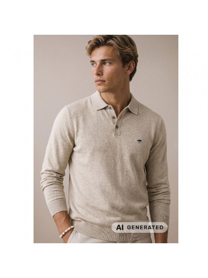 FYNCH-HATTON ECRU LONG-SLEEVE KNITTED COTTON POLO SHIRT