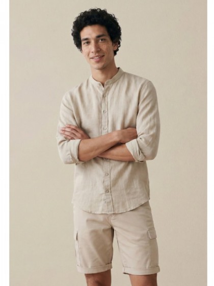 FYNCH HATTON LINEN SHIRT BEIGE WITH STAND UP COLLAR