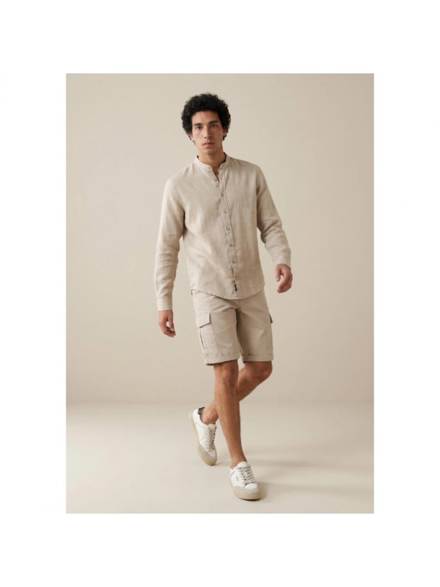 FYNCH HATTON LINEN SHIRT BEIGE WITH STAND UP COLLAR