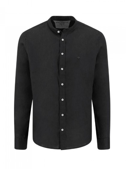 FYNCH HATTON LINEN SHIRT BLACK WITH STAND UP COLLAR